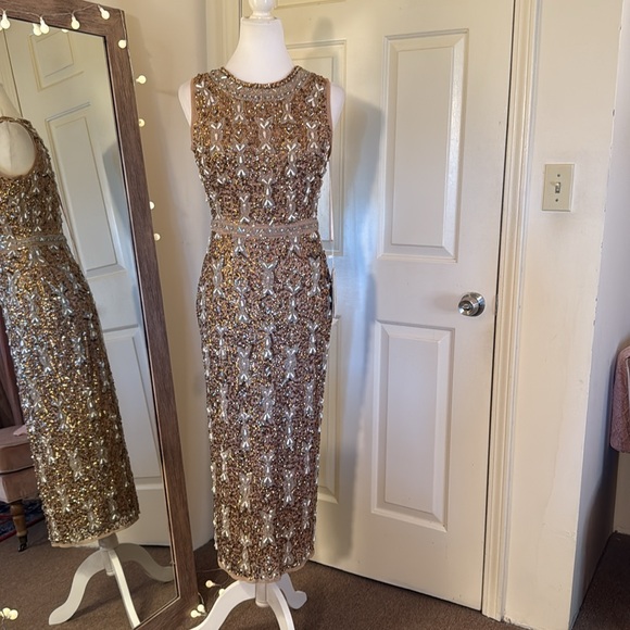 MAC DUGGALBeige Embellished High Neck Sleeveless A Line Dress